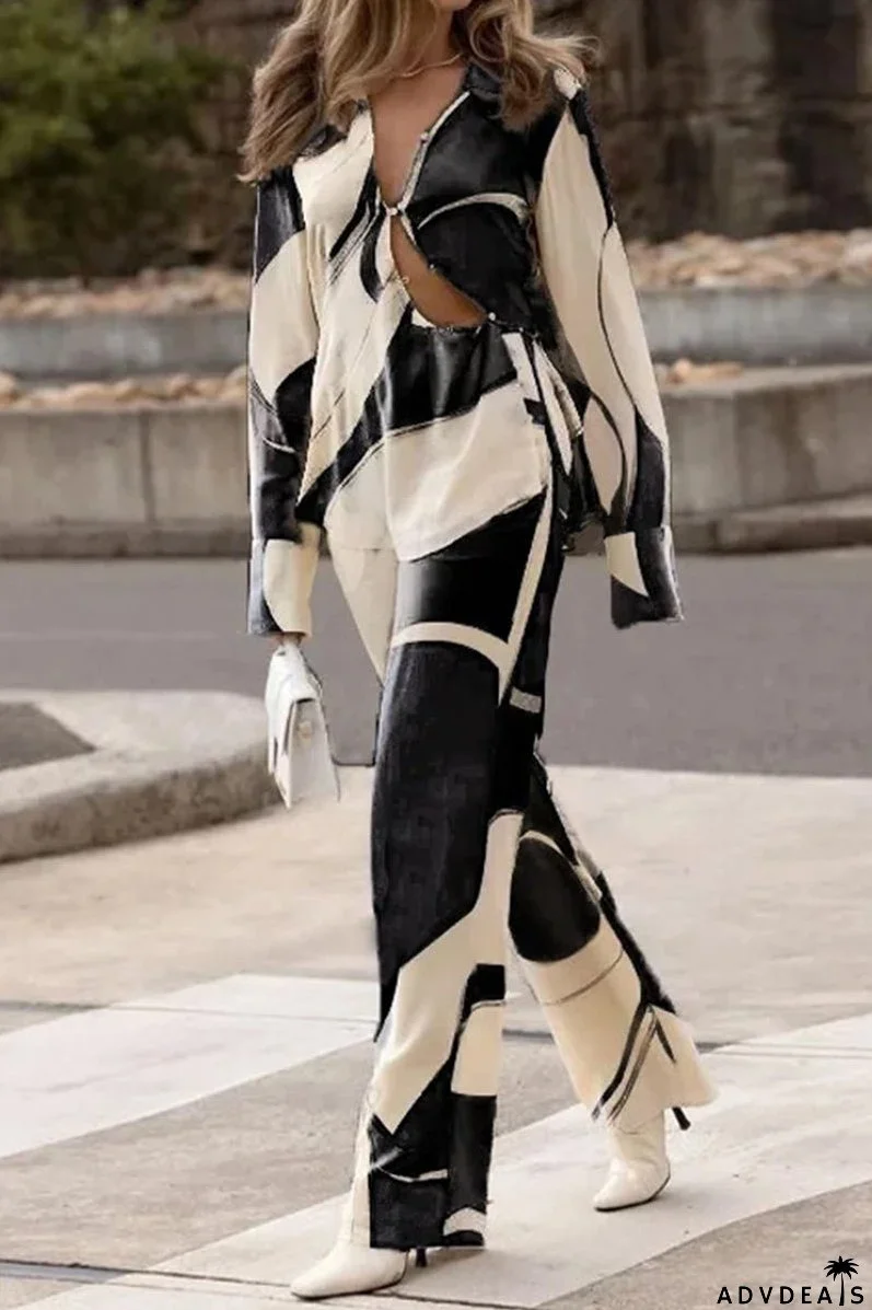Casual Geometric Asymmetrical Printing Turndown Collar Long Sleeve Two Pieces