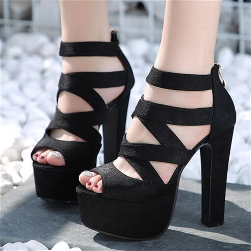 Vstacam  Spring Summer 15CM Fashion Thick With Sandals Fish Mouth Shoes High-Heeled Hollow Sandals Nightclub High .ZYW-303-57
