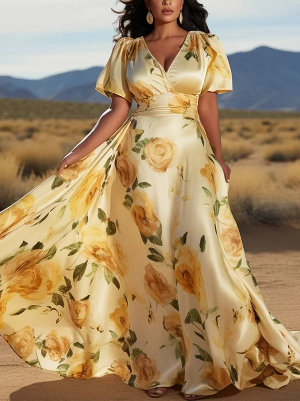 Plus Size Yellow Satin Floral Print High Waisted Maxi Dress