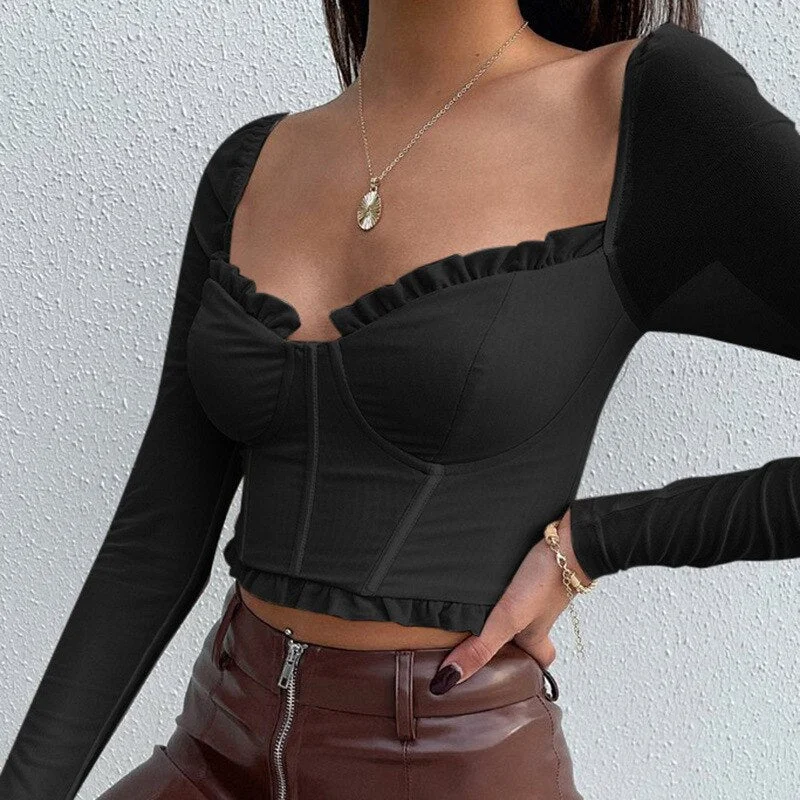 Abebey  Mesh Long Sleeve Corset Top Sexy Vintage Clothes for Women Square Neck Crop Tops Shirts Fashion Ladies Blouses