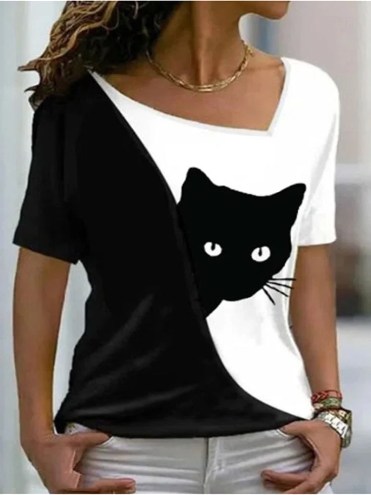 Women's Black V-neck Short Sleeve Graphic Cat Top