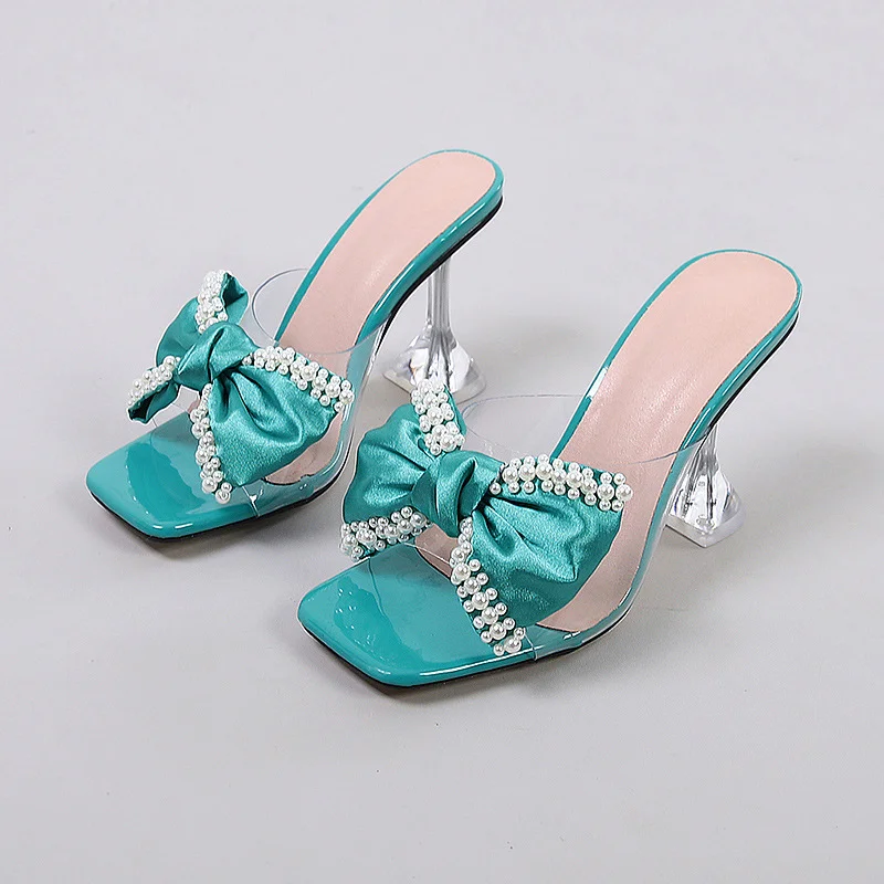 Wongn Wongn New Wine Glass With Square Head Flip-Flop Fashion Party High Heel Women's Shoes Bow Flowers