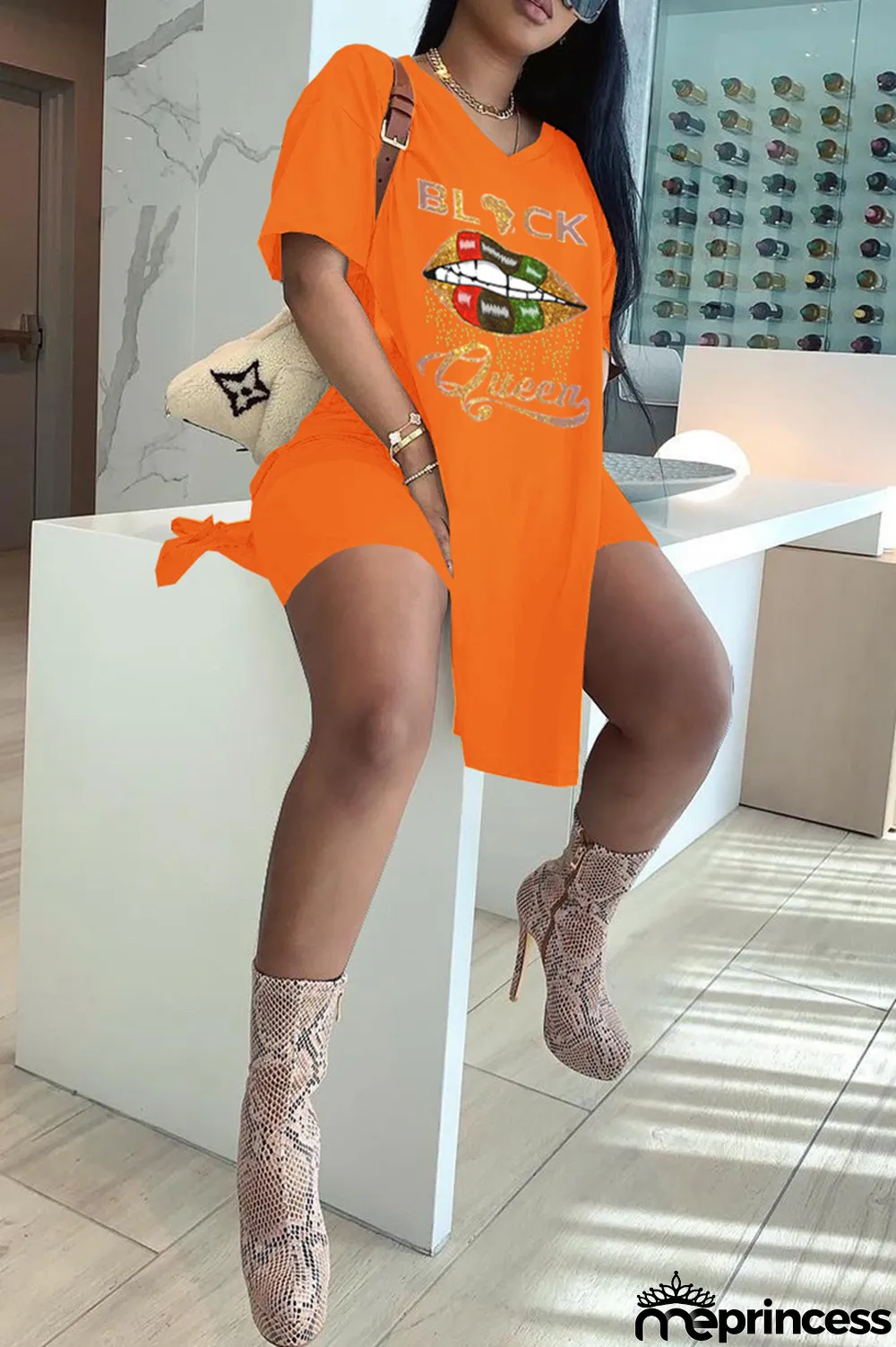 Rose Red Fashion Casual Letter Lips Printed Slit V Neck Two Pieces