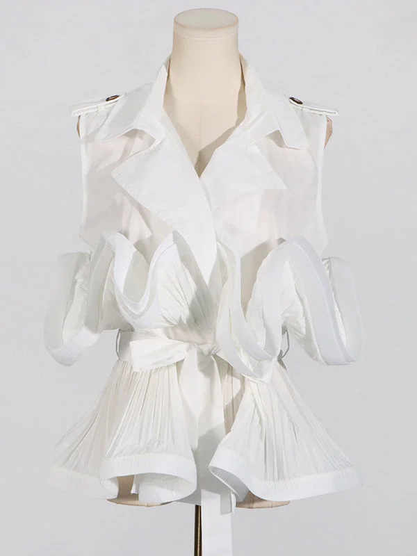 Loose Sleeveless Buttoned Pleated Ruffled Solid Color Tied Waist Notched Collar Blouses&Shirts Tops