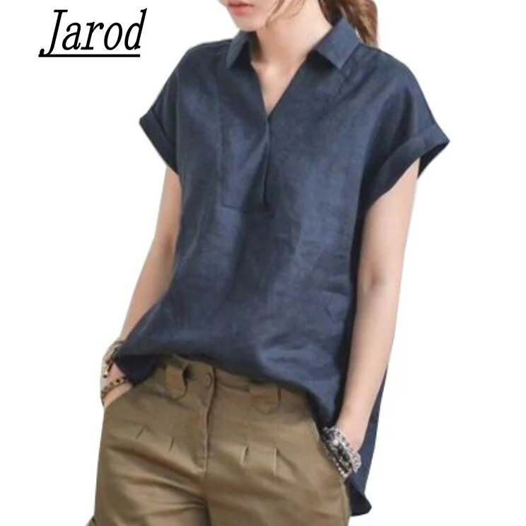 2018 New Women Casual Summer V-neck Cotton Linen Blouse short sleeves loose Shirt blusas fashion Plus Size
