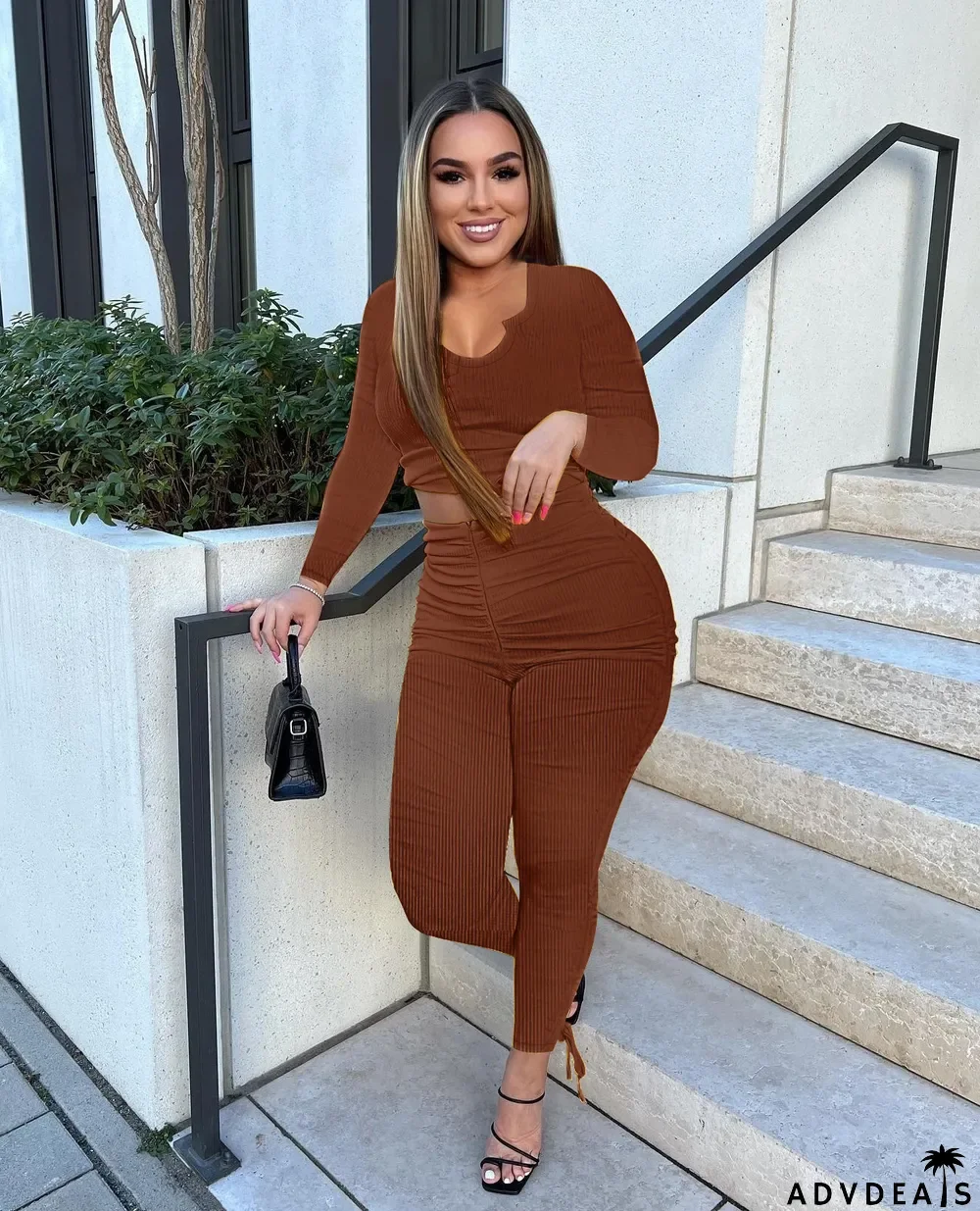 Solid Long Sleeve Stacked Pants 2 Piece Sets