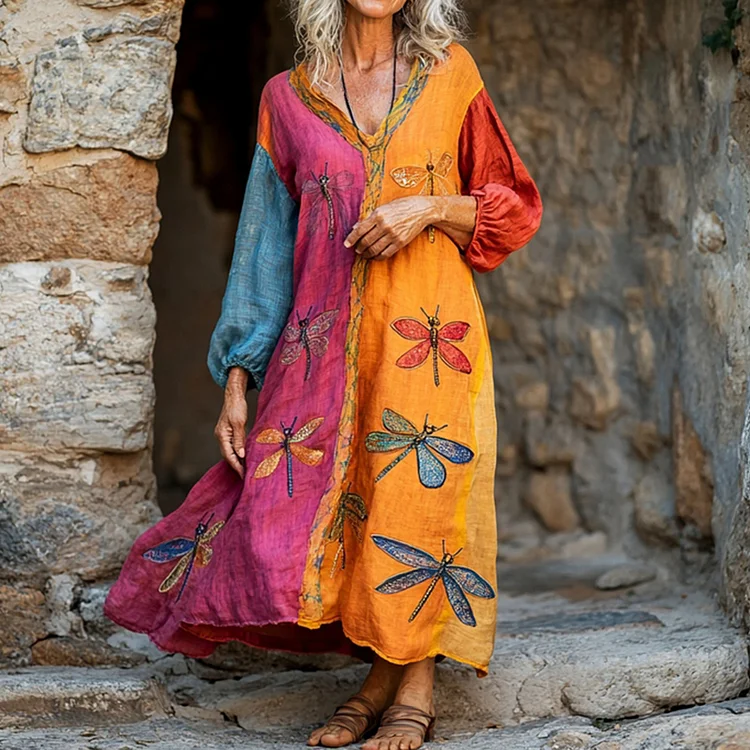 Women's Dragonfly Embroidery Contrast Color V-neck Loose Midi Dress