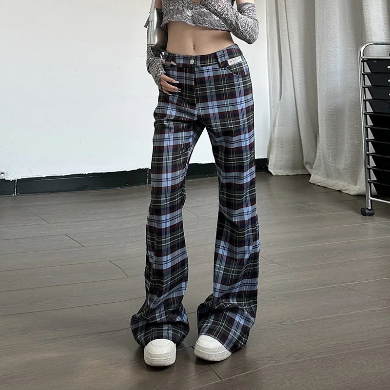 Aiertu 2024 Harajuku Vintage Plaid Print Trousers 90s Korean Fashion Streetwear High Waist Women Pants Y2k Grunge Aesthetic Flare Pants Aiertu