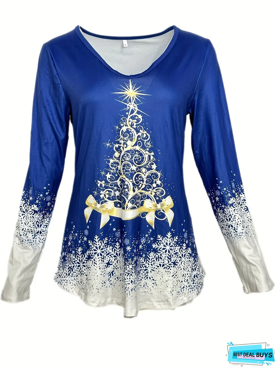 Christmas Graphic Print V Neck T-Shirt, Casual Long Sleeve Top For Spring & Fall, Women's Clothing