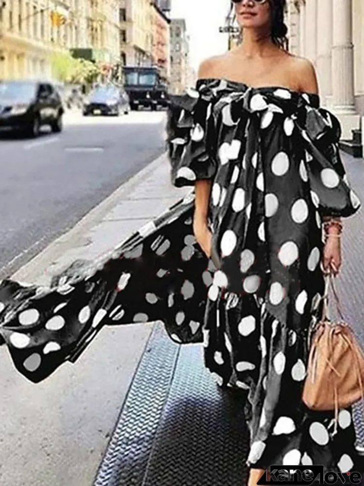 Women's Casual Dress Swing Dress Long Dress Maxi Dress Black Red Brown Sleeveless Polka Dot Print Fall Autumn Off Shoulder Loose Fit S M L XL XXL XXXL 4XL 5XL