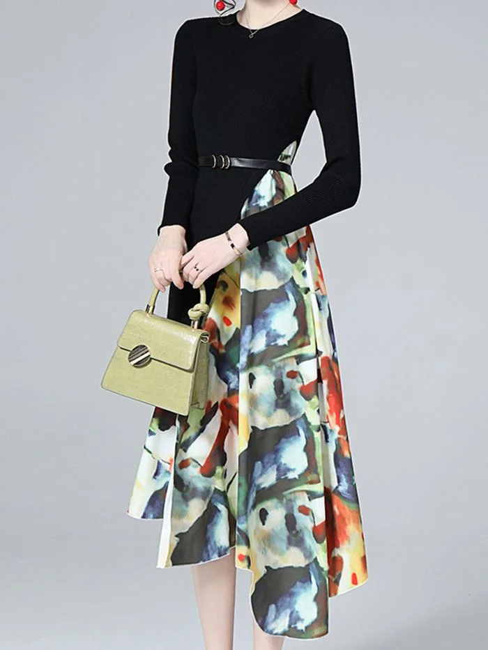 Elegant Black Stitching Irregular Knitted Dress