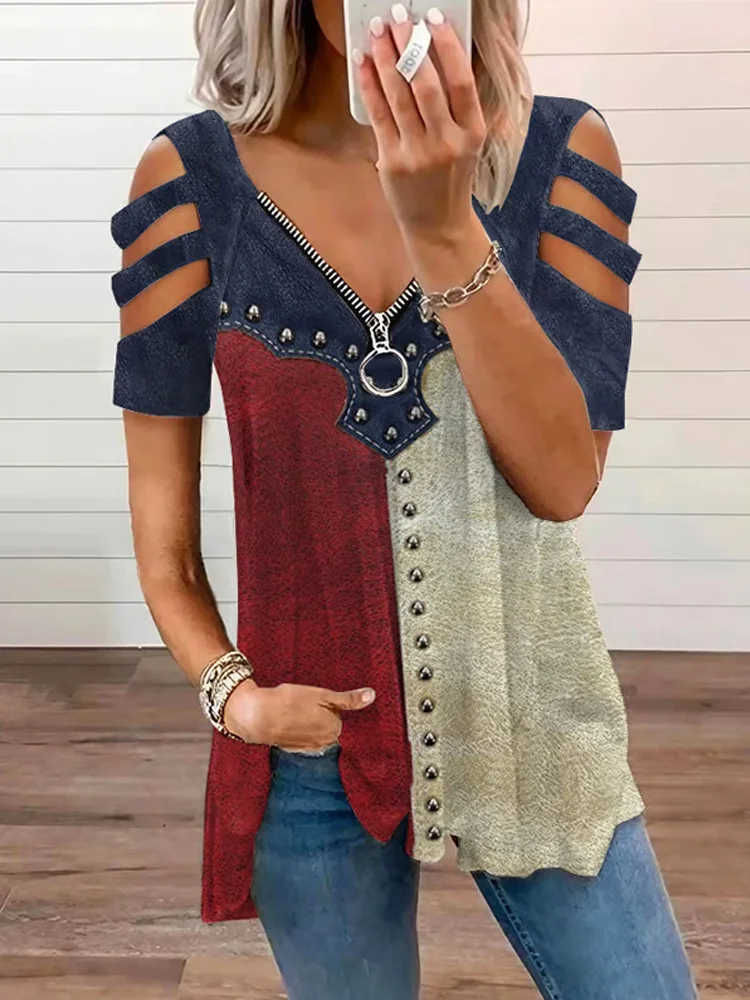 Women's Vintage American Flag Print Zipper Off Shoulder Casual T-shirt