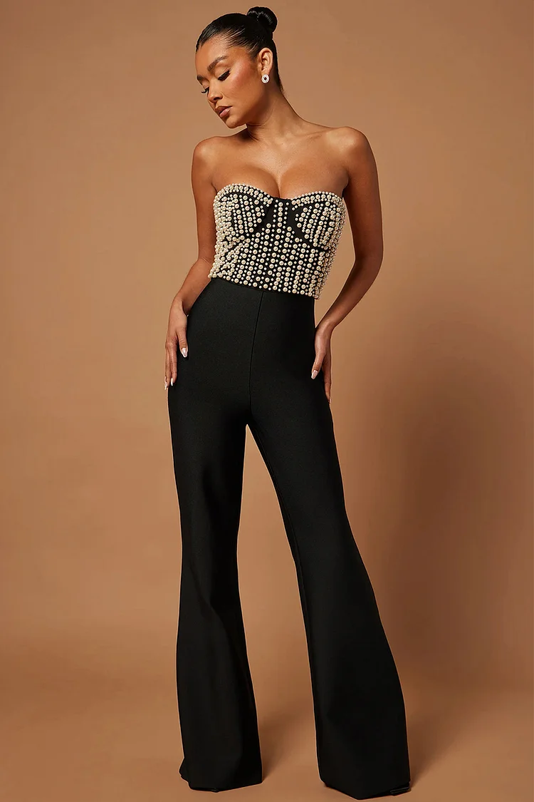 Strapless Beaded Flare Leg Jumpsuit-Black