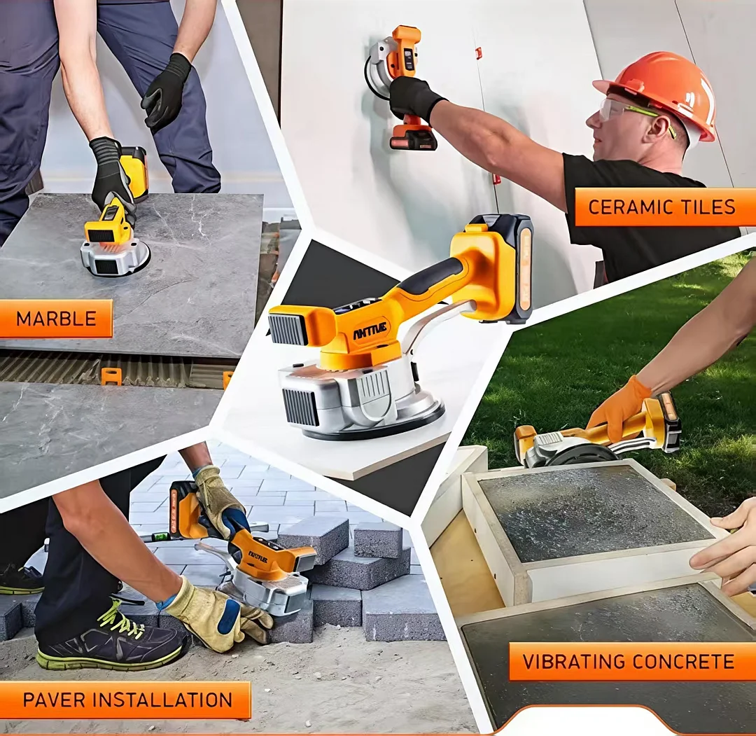 يمكن استخدام أحدث جهاز اهتزاز البلاط ثنائي الجانب في العالم (يهتز 10000 مرة في الدقيقة) لتسوية الرخام والسيراميك وأحجار الرصف والخرسانة.