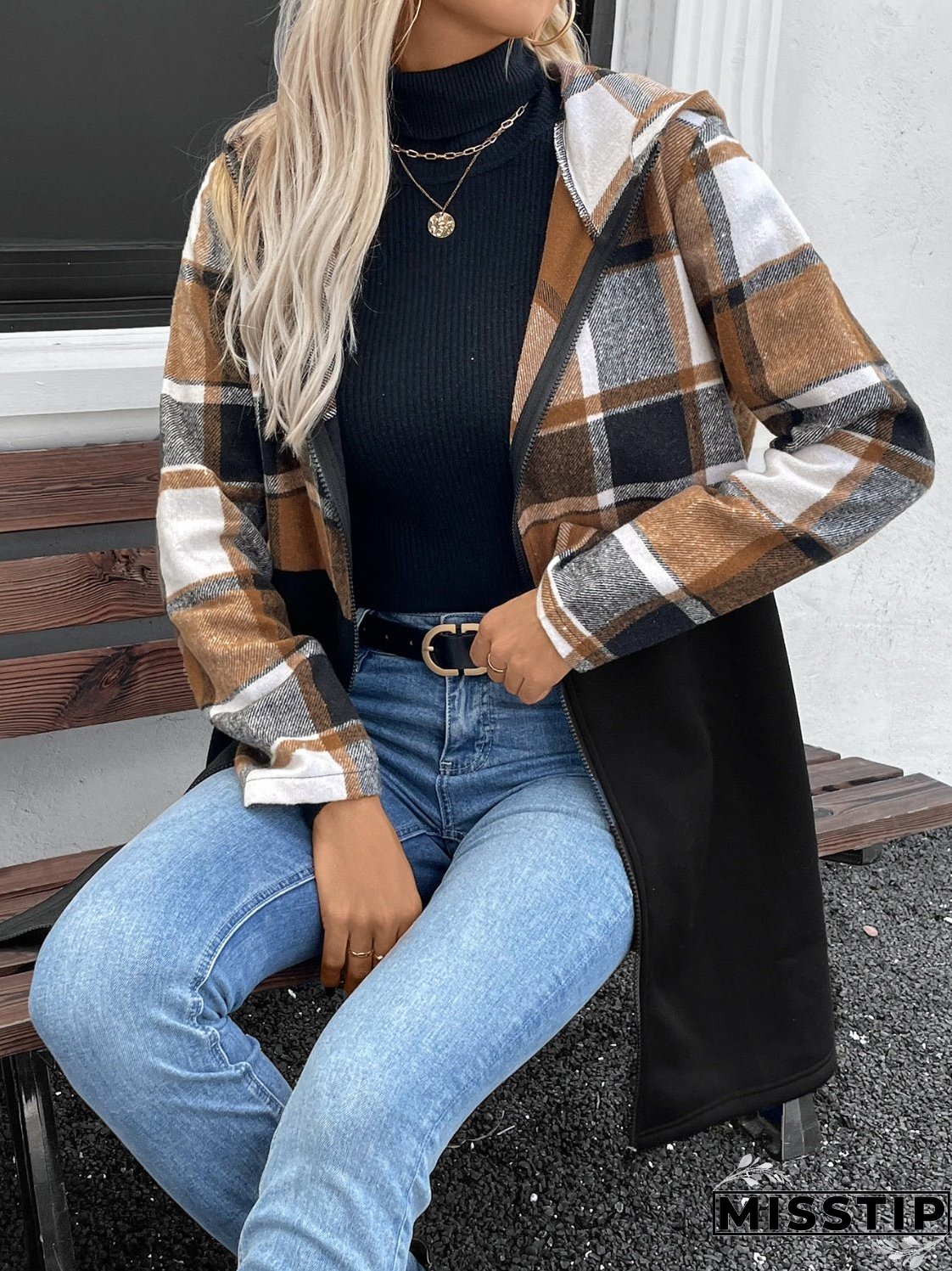Plaid Zip Up Long Sleeve Hooded Outerwear