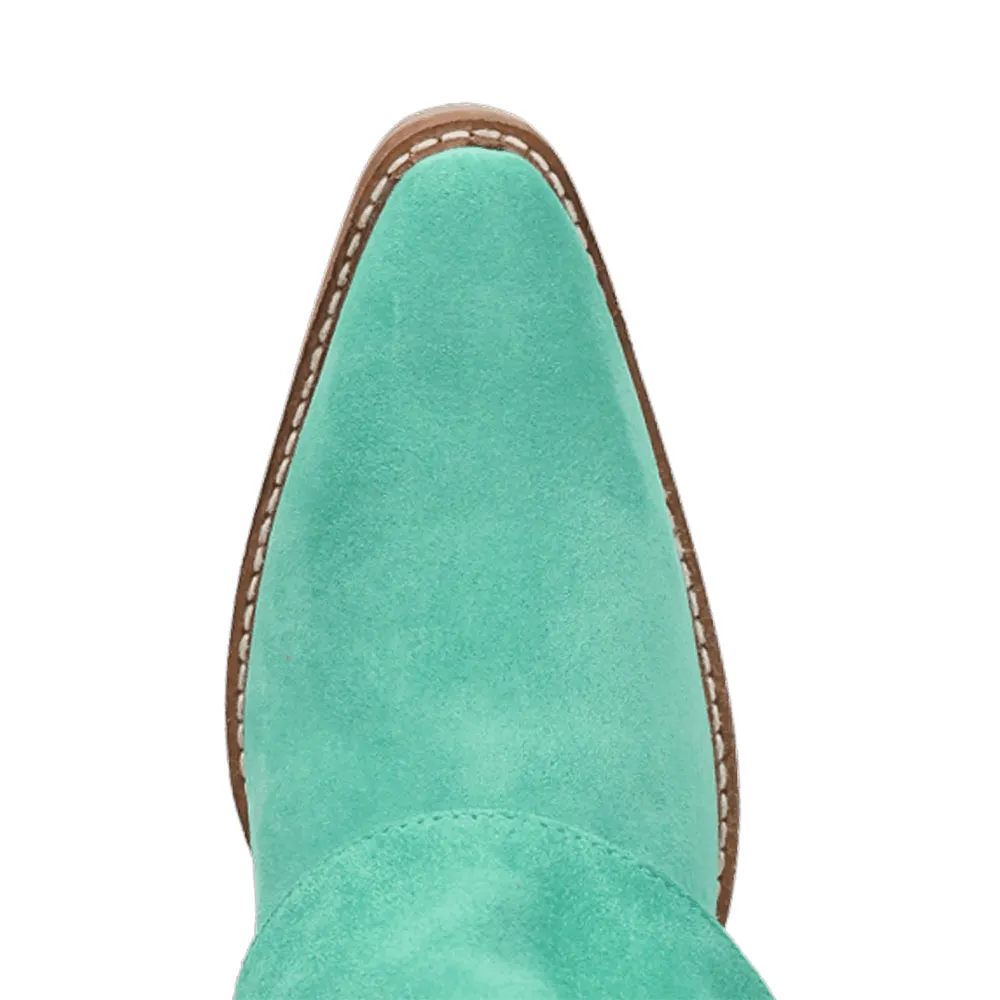 Green Vegan Suede Almond Toe Fringe Chunky Heel Fold Over Ankle Boots