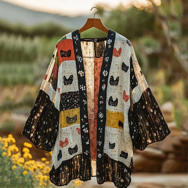 Utbros Summer Farm Cat Natural Patchwork Linen Kimono