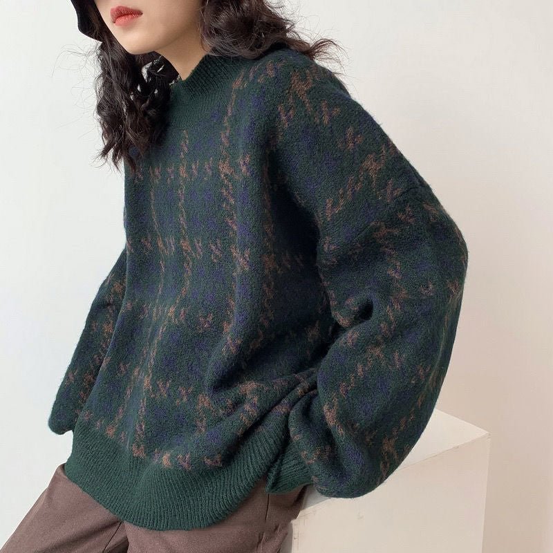 Women Pullover Patchwork Loose Lantern Sleeve Simple Knitted Sweater Female Elegant All-match Trendy Oversize Streetwear Clothes