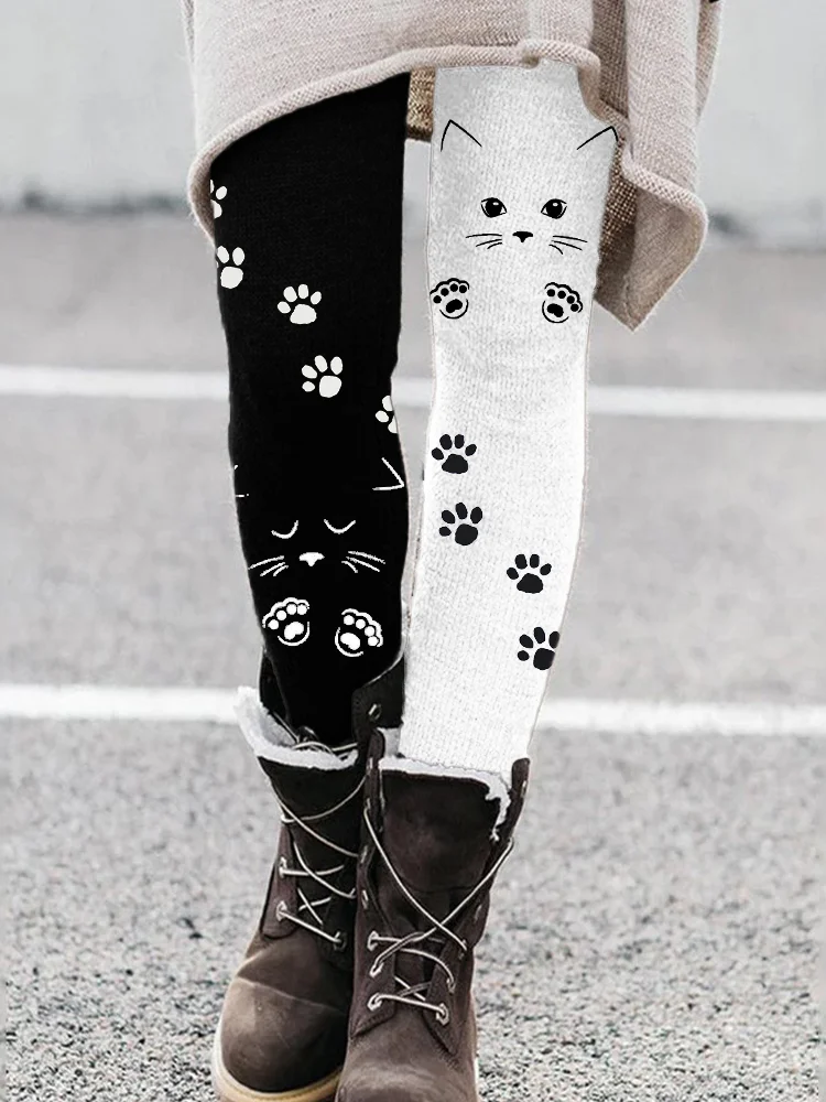 Lovely Cat Paw Prints Contrast Color Stretch Leggings