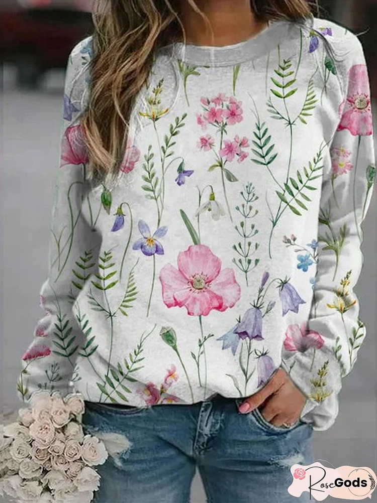 Floral Crew Neck Casual Loose Sweatshirts