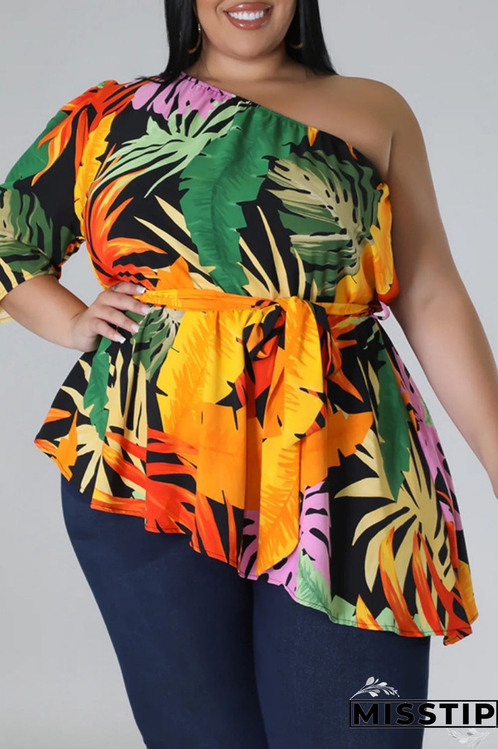 Black Yellow Casual Print Backless Oblique Collar Plus Size Tops