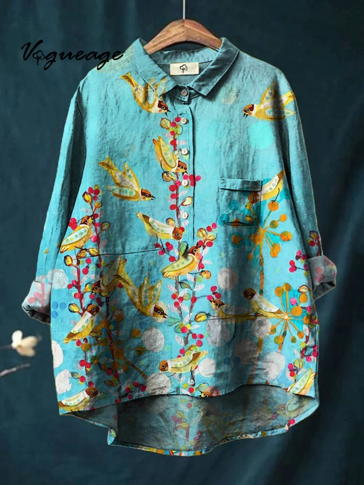 Elegant Gentle And Generous Birds Printed Cotton And Linen Shirt