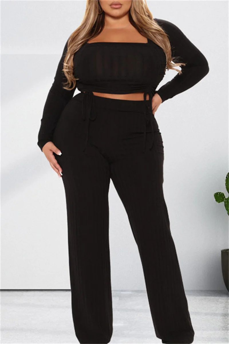 Black Fashion Casual Solid Draw String Frenulum Square Collar Long Sleeve Two Pieces