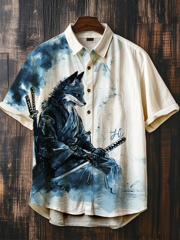 Men's Fox Warrior Swordsman Sitting Sideways Print Short Sleeve Shirt