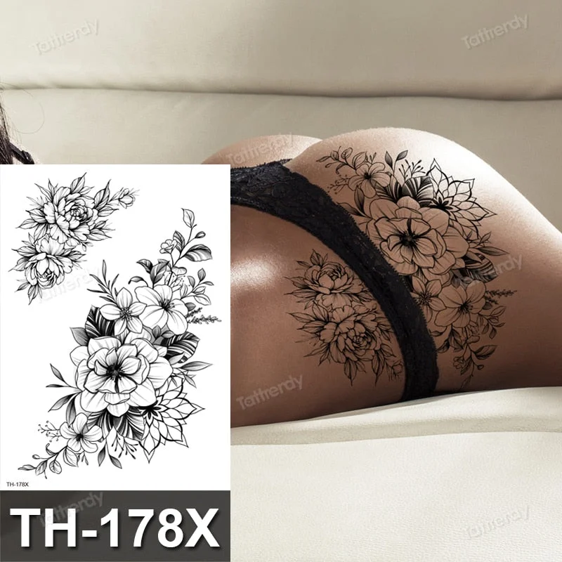 Tattoo Sticker Flower Big Body Art Waterproof Temporary Sexy Thigh Tattoos For Woman Tattoo Fake Water Black Sketch Line Sleeve