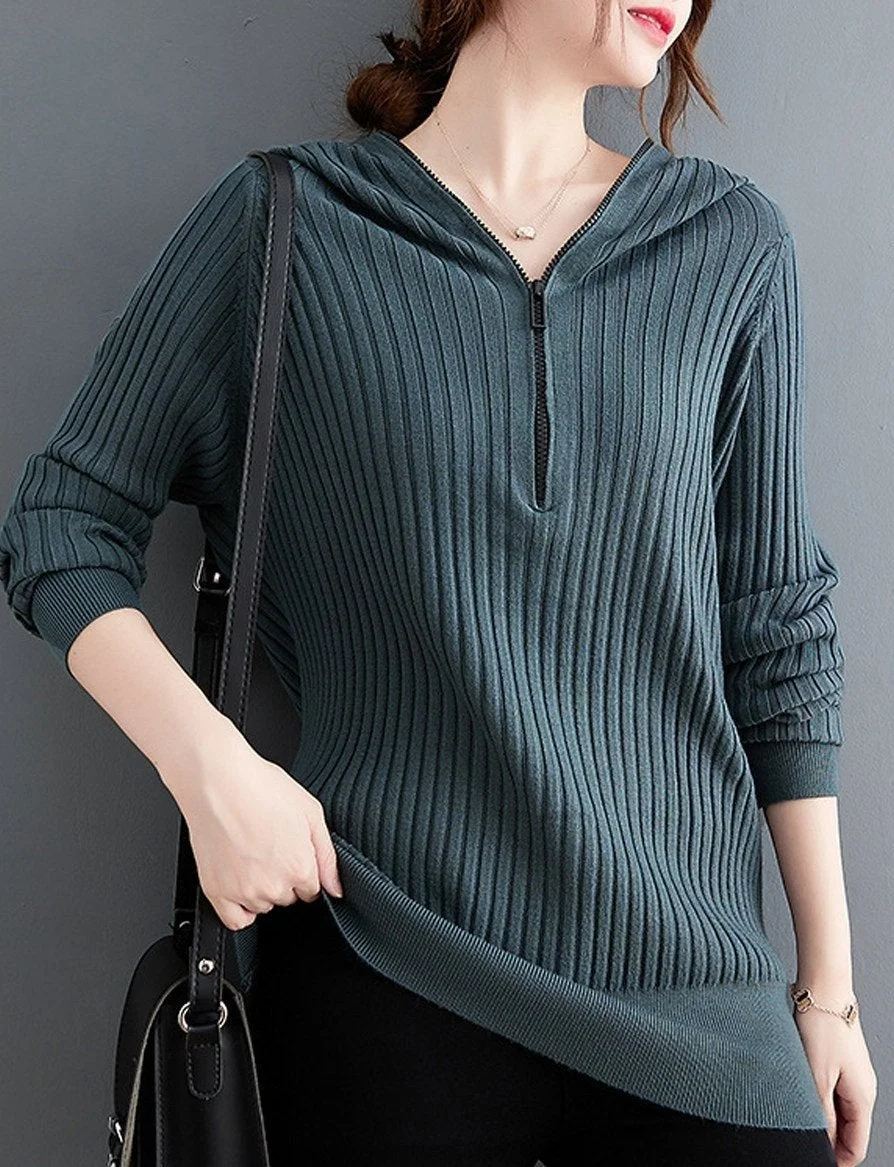 Casual Hooded Solid Color Zipper Knitted Sweater