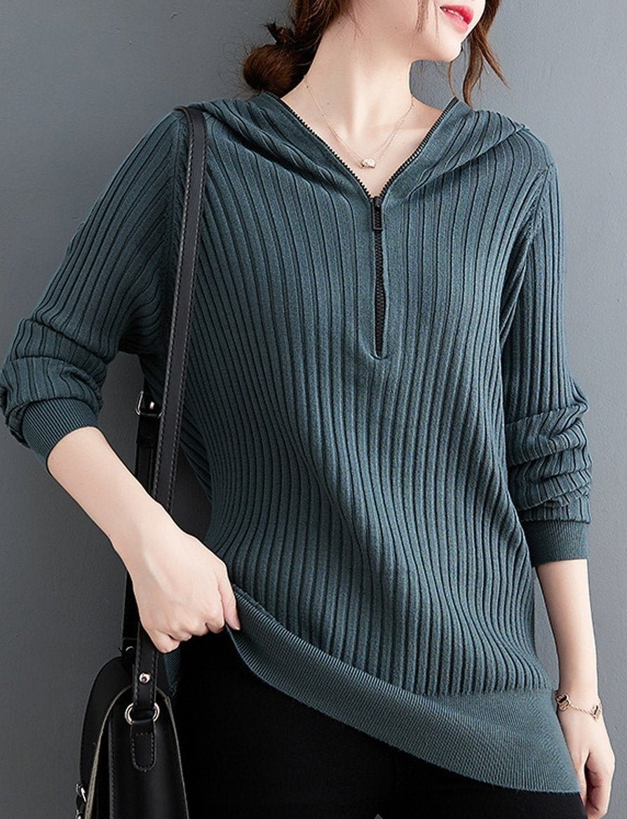 Casual Hooded Solid Color Zipper Knitted Sweater | EGEMISS