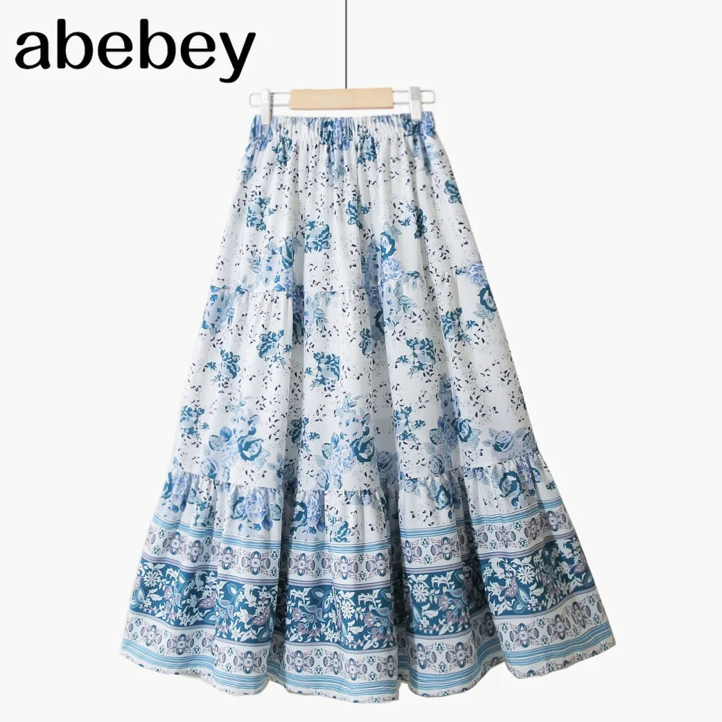 Bohemian Floral Print Skirt Ethnic Style High Waist A-line Umbrella Skirt Mid-length Pleated Skirt  New Spring Autumn