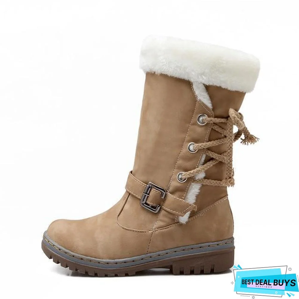 Women Leather Warm mid-calf Plush Fur Velvet Boots Booties Snow Shoes