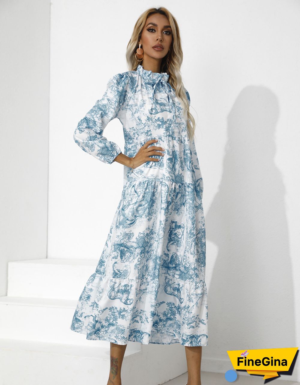 Printed Round Neck Loose Long Sleeve Dress