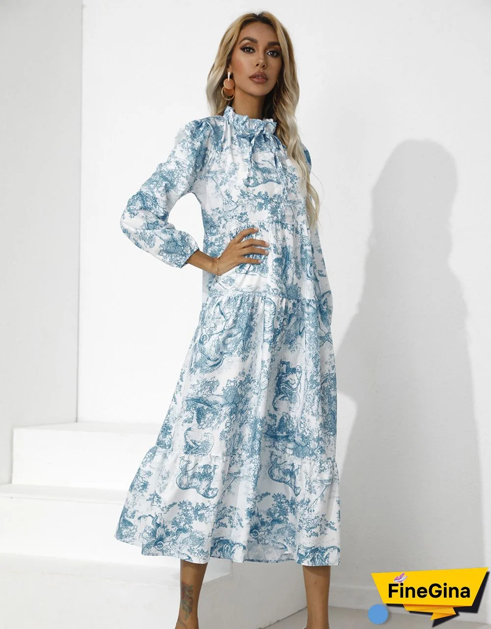 Printed Round Neck Loose Long Sleeve Dress
