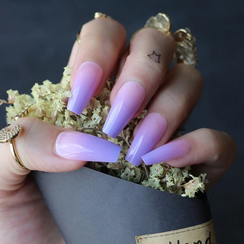 Lavender ombre coffin false nails Purple gradient pink Medium GEL fake nais Daily wear