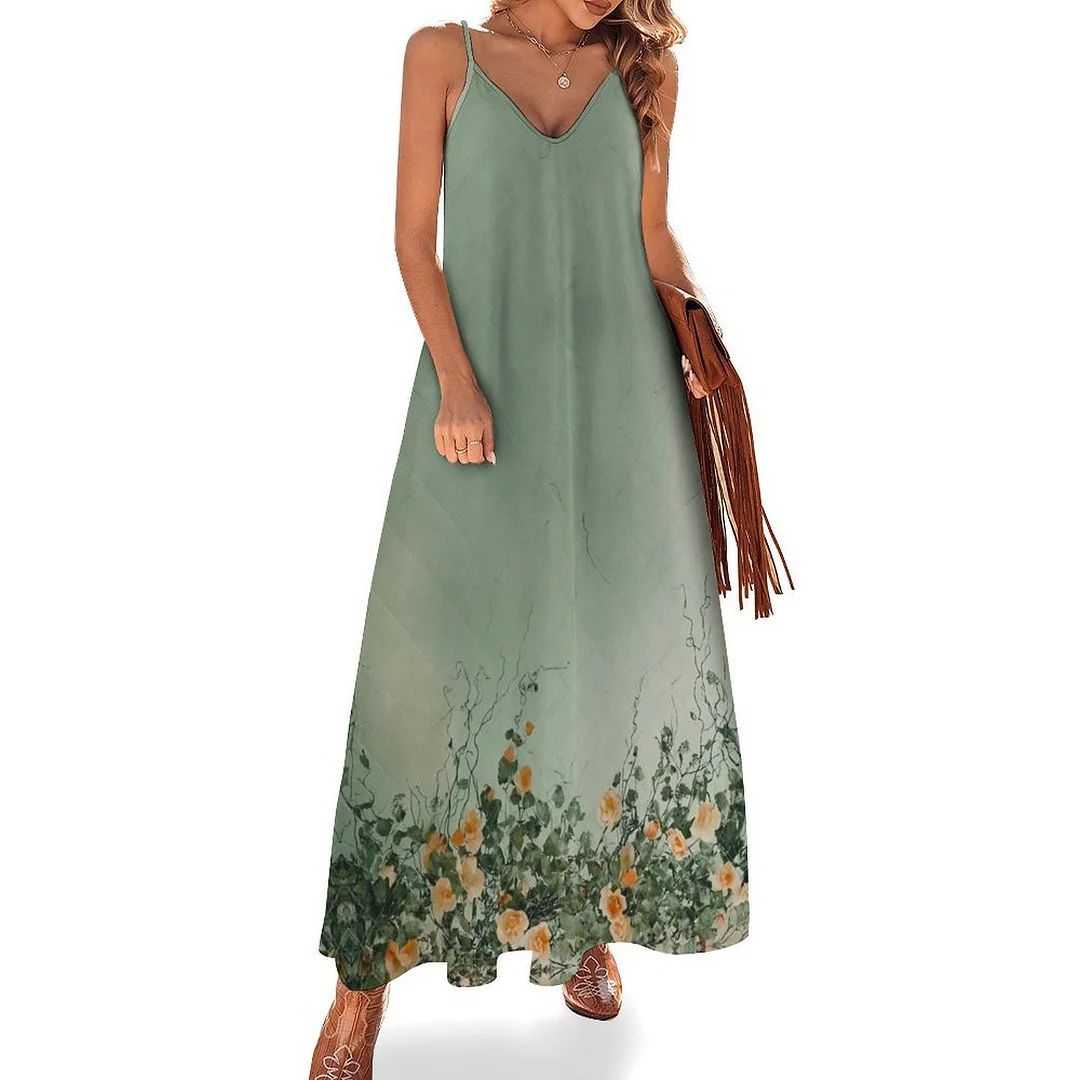 Style & Comfort for Mature Women Plus Size Printed Sling Casual Women Maxi Dress in Pattern Floral, Orange, Green