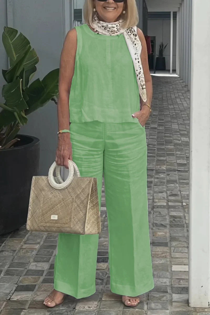 Casual Sleeveless Solid Color Linen Tops & Pants Sets