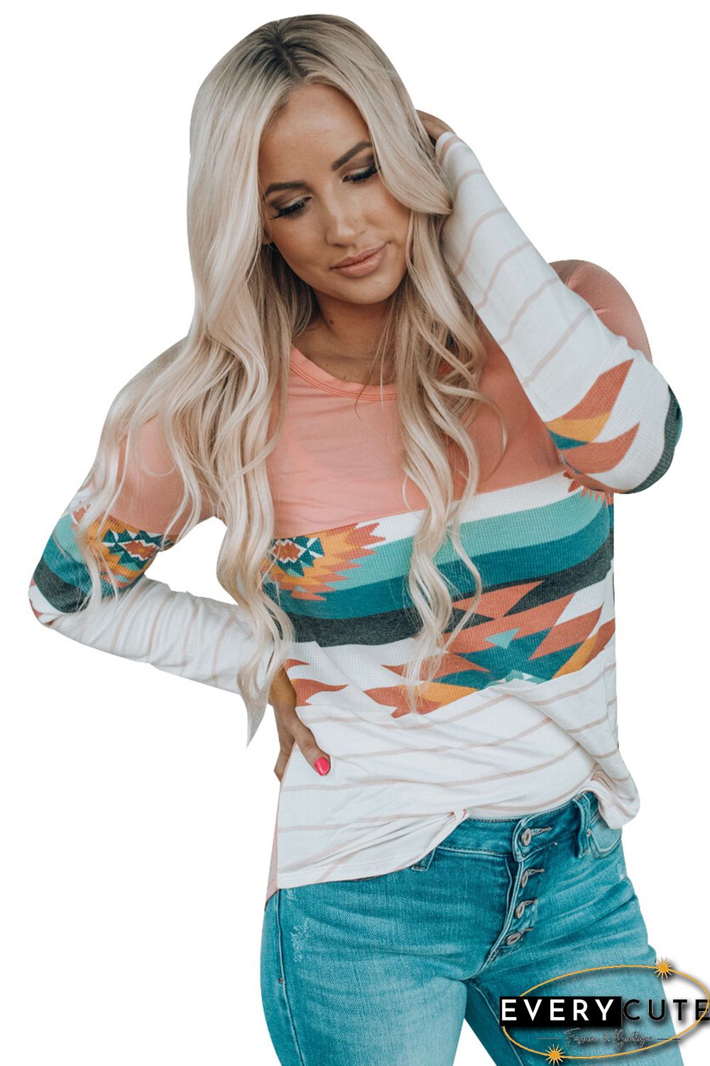 Pink Aztec Stripe Color Block Slim Fit Long Sleeve Top