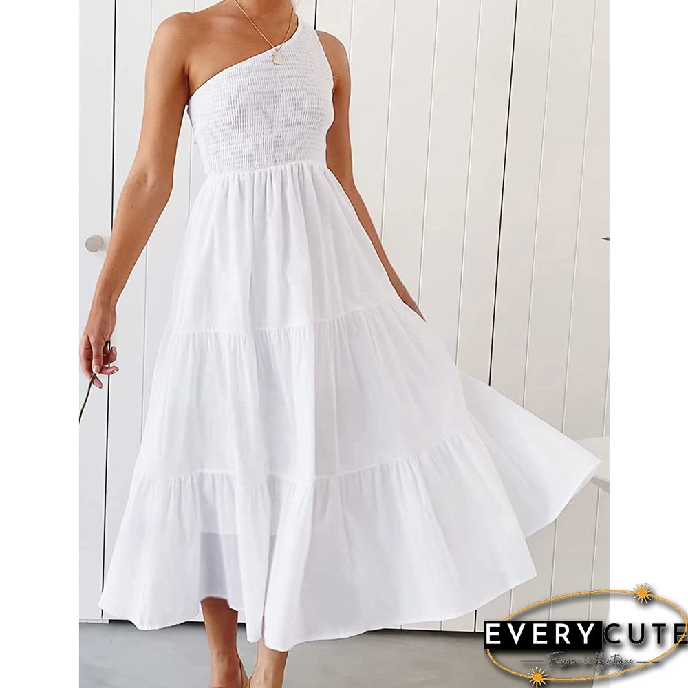 White One-shoulder Swing Holiday Casual Dress
