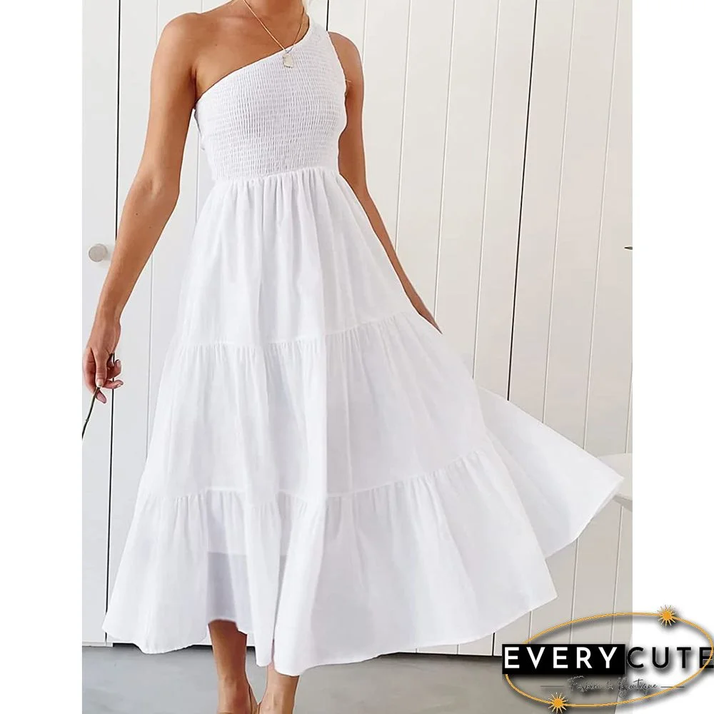 White One-shoulder Swing Holiday Casual Dress