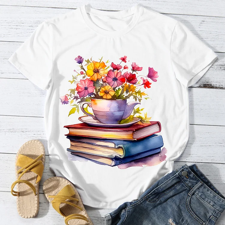 Books And Flowerpot Woman's Casual Round Neck T-Shirt -BSTC1640