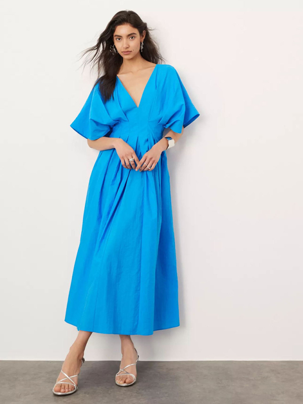 Mature Women Casual Summer New V-neck Pleated Maxi Dress Loose Elegant Dress