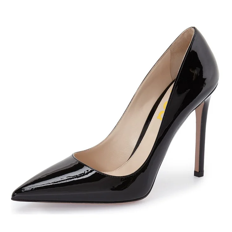FSJ Patent Leather Pointed Toe Stilettos Heels Black Pumps for Women |FSJ Shoes