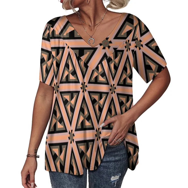 Atomic Starburst Mid Century Geometric Pleated Front Shirt Blouse Women Dressy Casual V Neck Tunic Top - Heather Prints Shirts