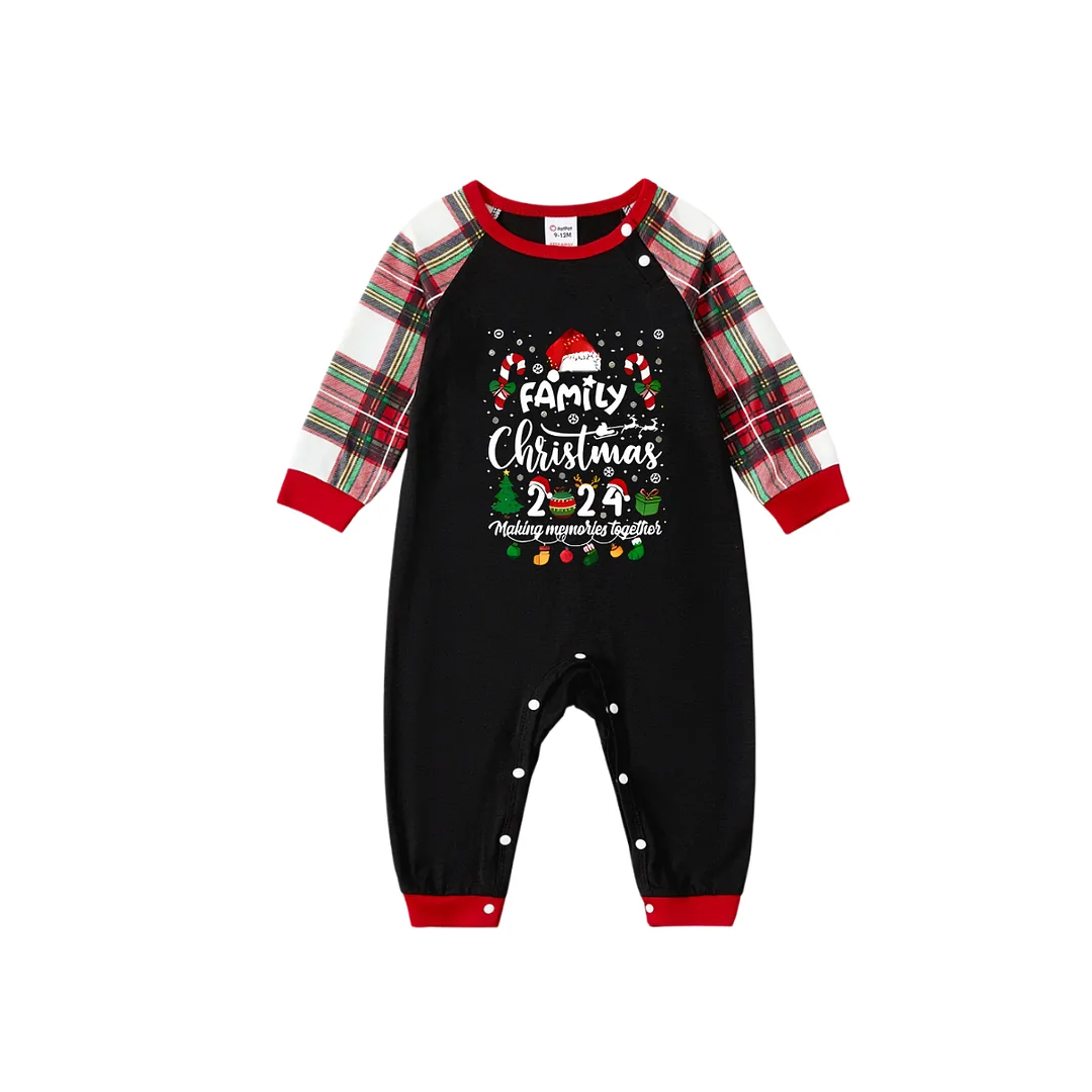 "FAMILY CHRISTMAS 2024 Making Memories Together" with Various Christmas Decorations - Black Top with Red & White & Green Plaid Pants Family Matching Pajamas