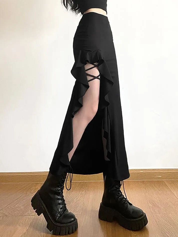 Brownm High Waist Irregular Split Goth Skirt