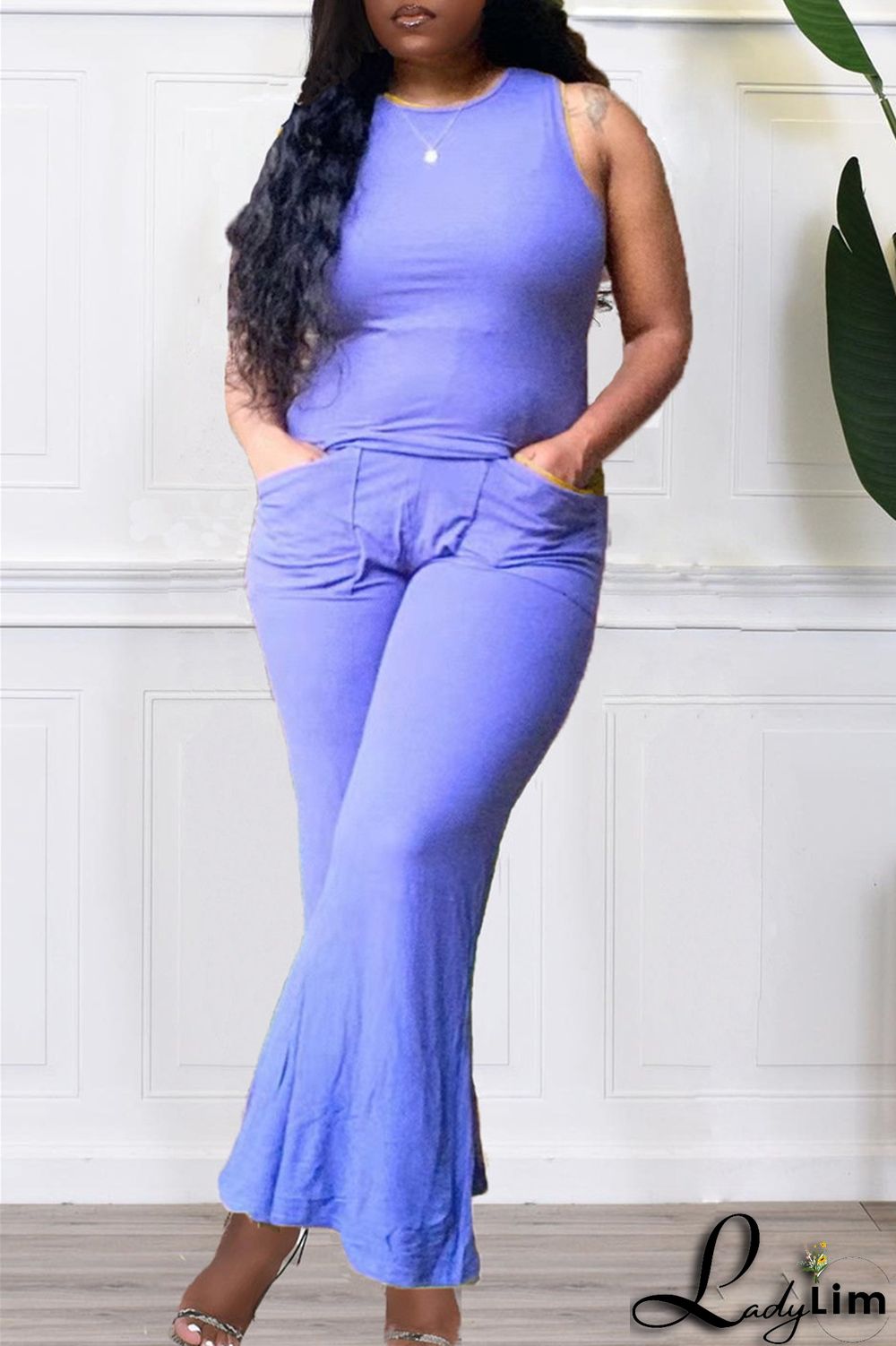 Purple Fashion Casual Solid Split Joint O Neck Sleeveless Two Pieces