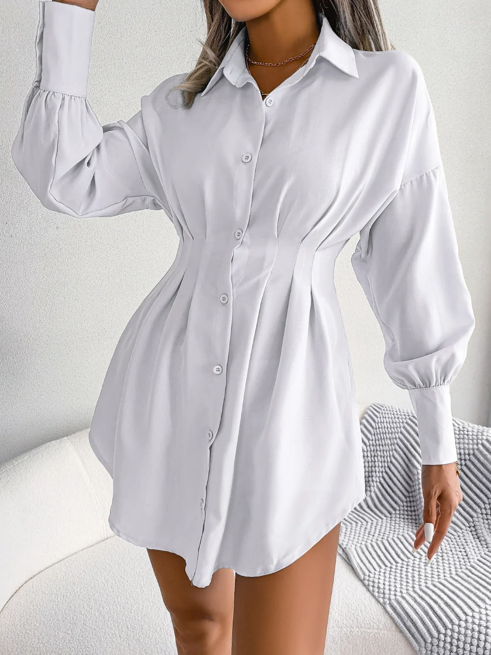 Woherb Casual Lantern Sleeve Waist-tight Asymmetric Shirt Women's Dress