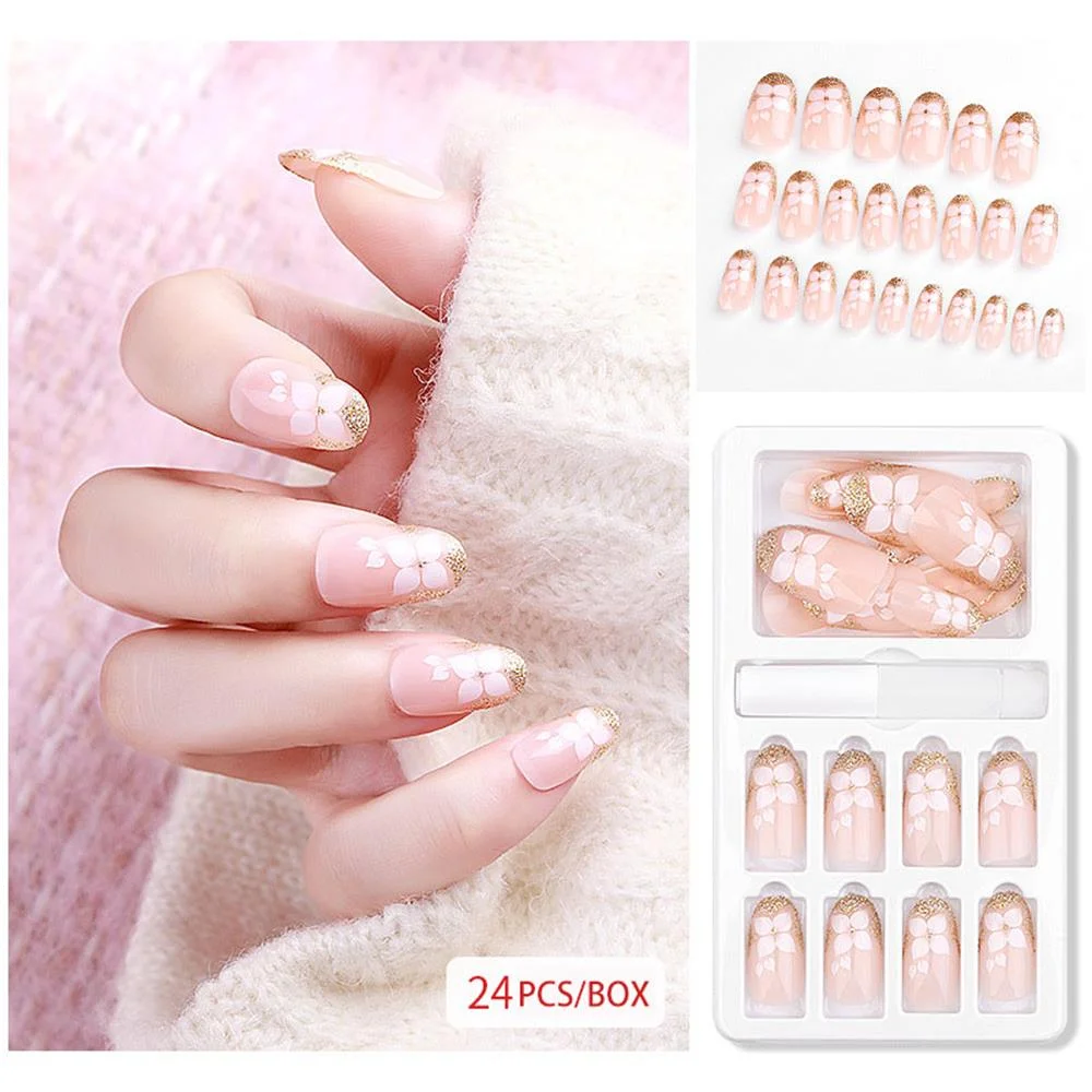 Newest Fashion Popular 24PCS Women Beauty Fake Nails Detachable Reusable Stick On Nails Press on Full Cover False Nail Tips HOT